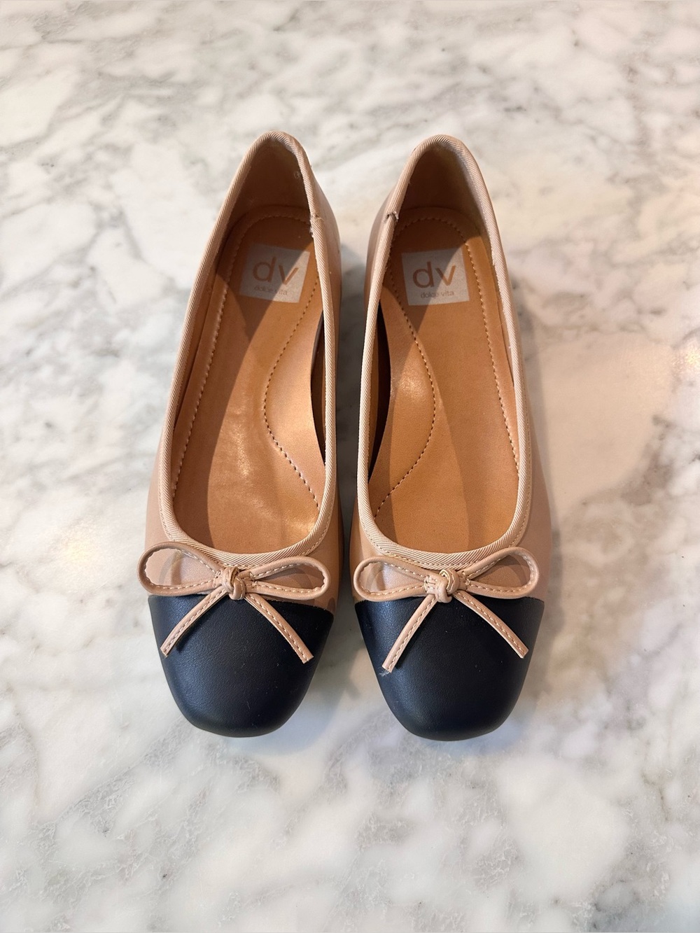 DV by Dolce Vita Nude and Black Bow Toe Ballet Flats